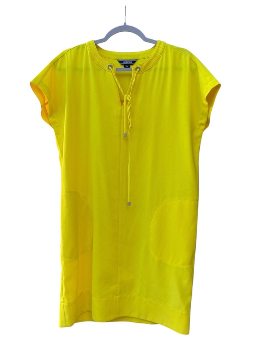 Lands' End Shift Dress Neon Yellow Pockets Tie Neck Knee Length Casual WM SZ 6